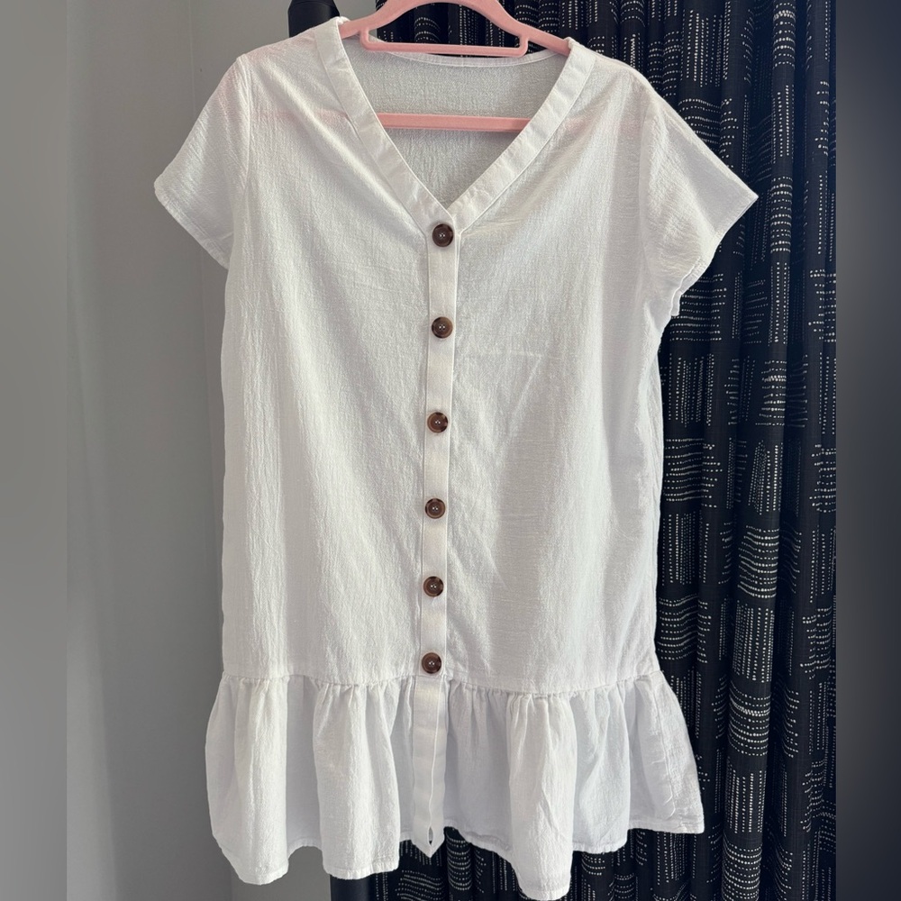Boho White Gauze Cotton Button Down Ruffle Trim Shift Mini Dress Swim Cover Up S